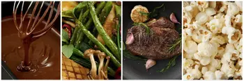 Collage mit geschmackvoll präsentiertem Essen, mit Fleisch, Gemüse, Popcorn und einer Soße.